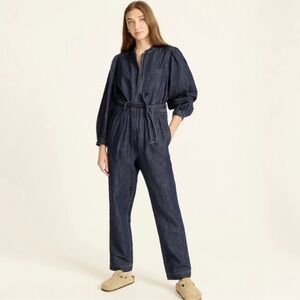 J. Crew Coverall Jumpsuit Puff Sleeve Denim Linen Casual Chic Boho Blue 10 Tall